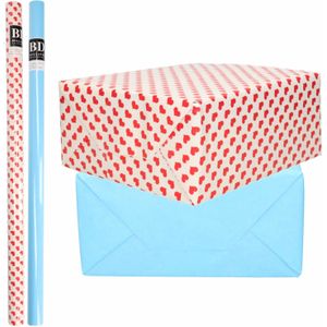 4x Rollen kraft inpakpapier liefde/rode hartjes pakket - blauw 200 x 70 cm - cadeau/verzendpapier