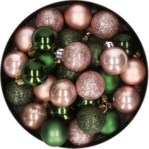 28x stuks kunststof kerstballen donkergroen en lichtroze mix 3 cm - Kerstboomversiering