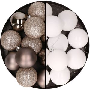 24x stuks kunststof kerstballen mix van champagne en wit 6 cm - Kerstversiering