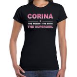 Naam cadeau Corina - The woman, The myth the supergirl t-shirt zwart - Shirt verjaardag/ moederdag/ pensioen/ geslaagd/ bedankt