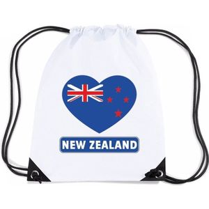 Nieuw Zeeland nylon rijgkoord rugzak/ sporttas wit met Nieuw Zeelandse vlag in hart