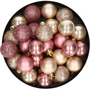 28x stuks kunststof kerstballen parel/champagne en oudroze mix 3 cm - Kerstboomversiering