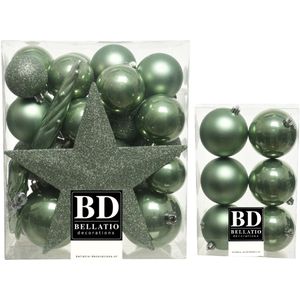 39x stuks kunststof kerstballen met ster piek salie groen mix - Kerstversiering/kerstboomversiering