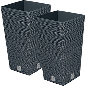 Prosperplast Plantenpot/bloempot Furu Stripes - 2x - voor buiten - kunststof - antraciet - vierkant - D20 x H38 cm