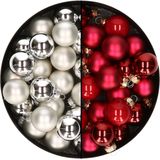 Mini kerstballen - 48x st - zilver en rood - 2,5 cm - glas - kerstversiering