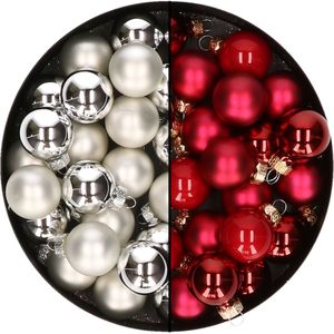 Mini kerstballen - 48x st - zilver en rood - 2,5 cm - glas - kerstversiering