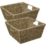 5Five Rieten opbergmand - 2x - gevlochten - beige/zwart - 31 x 31 x 15 cm - kastmanden