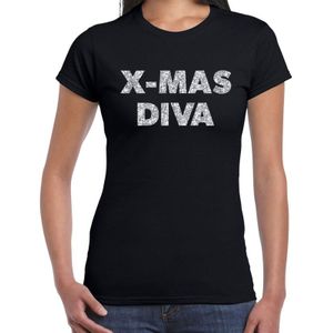 Foute Kerst t-shirt - x-mas diva - zilver / glitter - zwart - dames - kerstkleding / kerst outfit