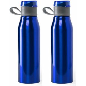 Aluminium waterfles/drinkfles/bidon/sportfles - 2x - metallic blauw - met schroefdop - 700 ml