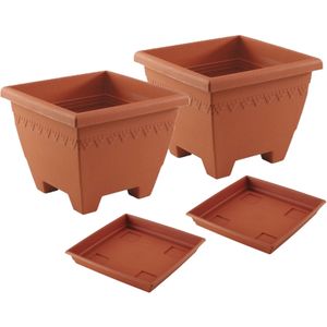 2x stuks vierkante plantenbakken/potten  30 x 30 x 23 cm terra cotta kleur met opvangschaal van 27 cm - Kunststof - Buiten gebruik