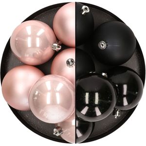 12x stuks kunststof kerstballen 8 cm mix van lichtroze en zwart  - Kerstversiering