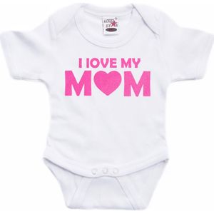 Bellatio Decorations Baby rompertje - i love my mom - roze - glitter - kraam cadeau