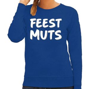 Feest muts sweater / trui blauw met witte letters voor dames -  fun tekst truien / grappige sweaters