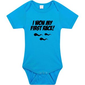 I won my first race tekst baby rompertje blauw jongens - Kraamcadeau - Babykleding