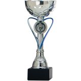 Trofee/prijs beker - zilver - blauw hart - kunststof - 20 x 8 cm - sportprijs