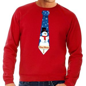 Foute kersttrui / sweater stropdas met sneeuwpop print rood voor heren