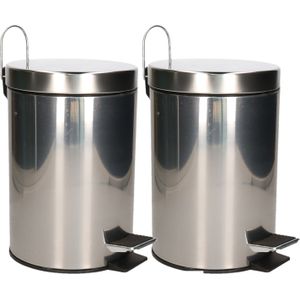 Excellent Houseware Pedaalemmer/prullenbak/vuilnisbak - 2x - 3 liter - zilver - RVS - 17 x 25 cm