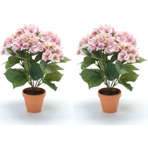 Set van 2x stuks roze hortensia kunstplant in kunststof pot 40 cm - Kunstplanten /Nepplanten - Hortensia planten in pot
