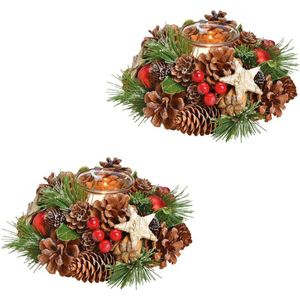 3x stuks kerst tafeldecoratie kerststukje krans met windlichtje 17 cm - Kerstversiering/kerstdecoratie