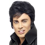 Rock and Roll ster Elvis verkleed set - herenpruik zwart met kuif - en bril goud montuur