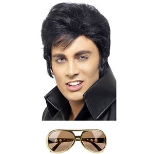 Rock and Roll ster Elvis verkleed set - herenpruik zwart met kuif - en bril goud montuur