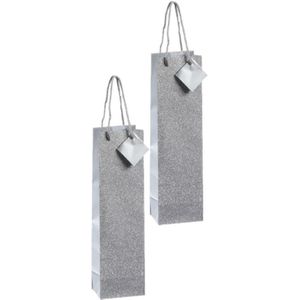 Set van 2x stuks luxe papieren wijn/drank giftbags/cadeau tasjes zilver met glitters 10 x 35 x 8 cm - wijnfles cadeau tassen