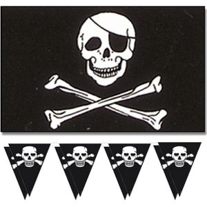 Piraten feestje/verjaardag versiering set 2x vlaggenlijnen en 1x piratenvlag 90 x 150 cm