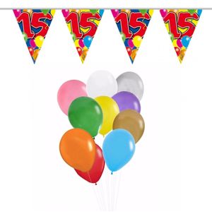 Folat - Verjaardag 15 jaar feest thema set 50x ballonnen en 2x leeftijd print vlaggenlijnen