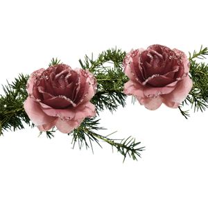 Kerstboom bloemen op clip - 2x stuks - oudroze - kunststof - 14 cm
