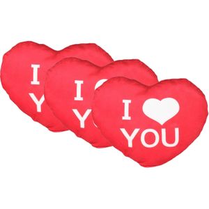 Sierkussentje Valentijn/I Love hartje vorm - 3x - rood - pluche - 15 cm