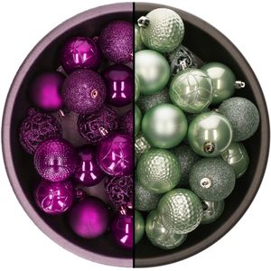 Decoris kerstballen - 74x st - mintgroen (eucalyptus) en paars - 6 cm - kunststof