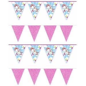 4x Vlaggenlijnen eenhoorn en roze glitters 10 meter - Kinderfeestje/kinderpartijtje versiering - Kinderverjaardag decoratie