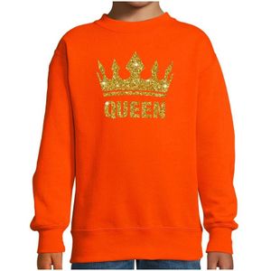 Oranje Koningsdag gouden glitter Queen sweater / trui kinderen - Oranje Koningsdag kleding met gouden print