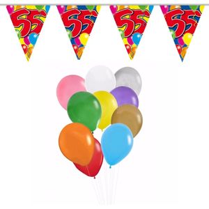 Folat - Verjaardag 55 jaar feest thema set 50x ballonnen en 2x leeftijd print vlaggenlijnen