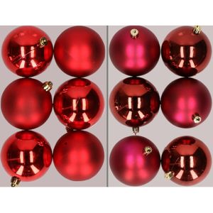 12x stuks kunststof kerstballen mix van rood en donkerrood 8 cm - Kerstversiering