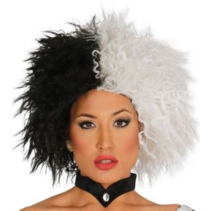 Cruella verkleed pruik zwart/wit voor dames - Horror/Halloween verkleed accessoire