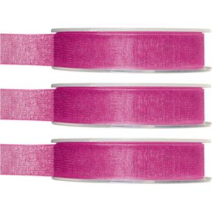 3x Hobby/decoratie fuchsia roze organza sierlinten 1,5 cm/15 mm x 20 meter - Cadeaulint organzalint/ribbon - Striklint linten roze