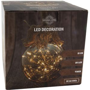 Svenska Living Verlichte kerstbal - glas - aan touw - 20 LEDS - 15 cm - timer