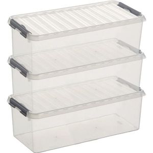 3x Sunware Q-Line opberg box/opbergdoos 9,5 liter 48,5 x 19 x 14,7 cm kunststof - Langwerpige/smalle opslagbox - Opbergbak kunststof transparant/zilver