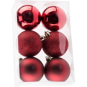 6x Donkerrode kunststof kerstballen 8 cm - Mat/glans/glitter - Onbreekbare plastic kerstballen - Kerstboomversiering donkerrood