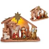 Krist+ kerststal - met beeldjes en verlichting - L22,5 x B8 x H17 cm