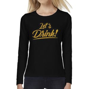 Lets drink longsleeve zwart met gouden glitter tekst dames - Oud en Nieuw / Glitter en Glamour goud party kleding shirt met lange mouwen