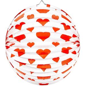 Bol lampion rond wit met rode hartjes 25 cm - Valentijn - Bruiloft lampionnen versiering