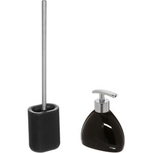 5Five - WC-/toiletborstel plat in houder - zwart - Zeeppompje 300 ml