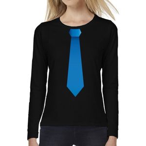 Stropdas blauw long sleeve t-shirt zwart voor dames- zwart shirt met lange mouwen en stropdas bedrukking voor dames