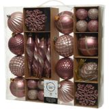 50x Roze kerstballen en figuren 4-8-15 cm kunststof mix incl. 50x stuks zilveren ophanghaakjes