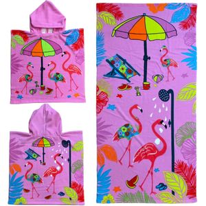 Set van bad cape/poncho met strand/badlaken microvezel - Strandhanddoeken voor kinderen met flamingo