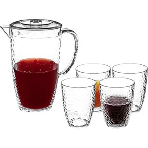 5Five Sapkan/schenkkan Estiva karaf met deksel en 8x drinkglazen - 2000 ml - transparant - kunststof