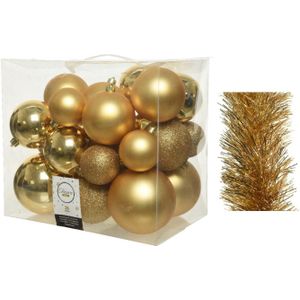 Kerstversiering kunststof kerstballen 6-8-10 cm met folieslingers pakket goud van 28x stuks - Kerstboomversiering