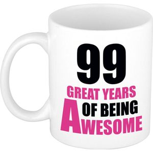 99 great years of being awesome mok wit en roze - cadeau mok / beker - 29e verjaardag / 99 jaar